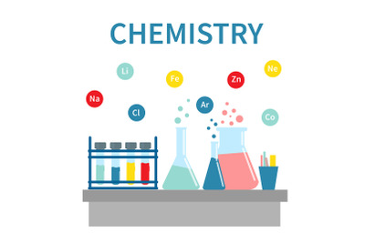 Chemists scientists equipment. Flat design workspace concept.