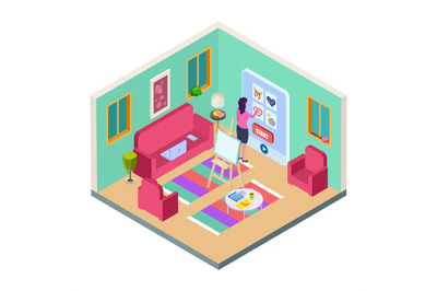 Girl chooses drawing lesson. Home art studio, isometric vector living