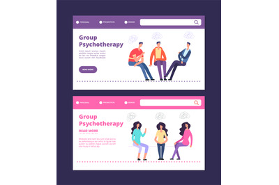 Group psychotherapy web banners template. Male and female group therap