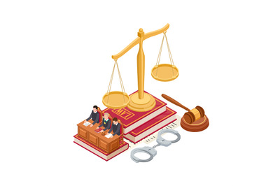 Isometric law and justice vector concept. 3D scale of justice, mallet,