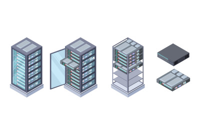 Isometric servers, data storages vector. 3D computer equipment isolate