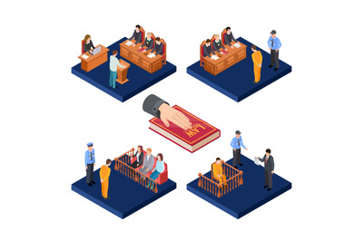 Isometric trials vector concept. 3D law illustration with prisoners, j