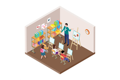 Kids art studio vector illustration. Isometric classroom for drawing l