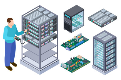 Man tests computer equipment. QA tester, motherboards and data storage