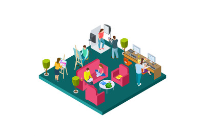 Open art space isometric vector concept. Illustration of artists, desi