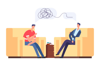 Psychotherapy session vector illustration. Frustrated man at psycholog