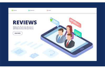 Reviews web banner template. Feedback landing page with isometric vect