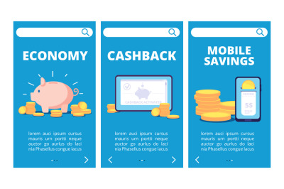 Save money mobile app pages. Banking and savings vector banners