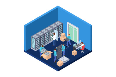 Server room isometric. Information technology server engineer 3D vecto