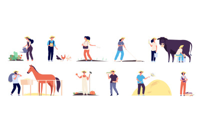 Farmer characters. People agricultural workers with farm animals cow c