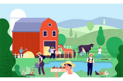 Cartoon farm with farmers. Agricultural workers work with farm animals