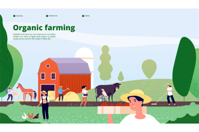 Farmer landing page. Agricultural workers work with equipment in natur