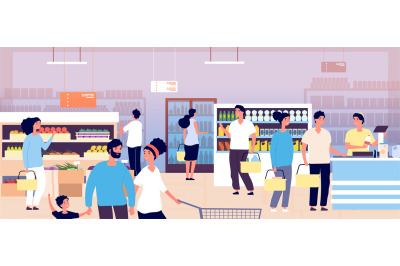 People in grocery store. Customers buying food in supermarket. Shoppin