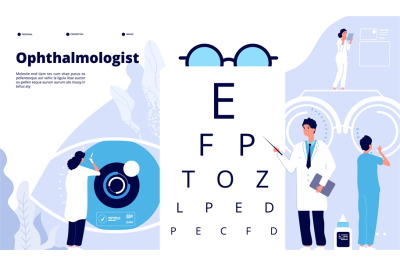 Ophthalmology landing. Ophthalmologist checks patient sight. Eyes test