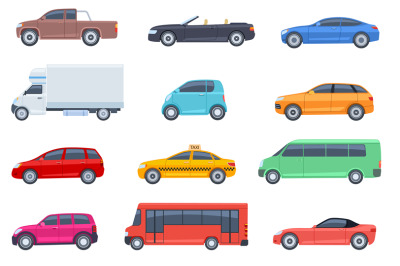 Flat cars set. Taxi and minivan&2C; cabriolet and pickup. Bus and suv&2C; tr