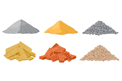 Construction material piles. Gypsum and sand, crushed and stones, red