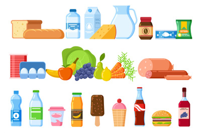 Food products. Bread and water bottles, juice and cheese. Eggs, fruit