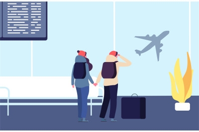 Be late for flight. Passengers and flying away plane vector illustrati