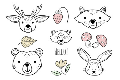 Doodle animals head. Nursery scandinavian style vector design elements