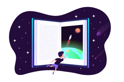 Dream with book. Vector child dreams concept. Kids imagination with sp