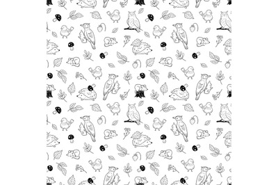 Forest animal pattern. Cute animals and birds, autumn forest vector se