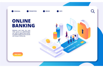 Online banking isometric landing page. Vector internet money transfers