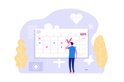 Online doctor appointment. Vector man and calendar, planning board, ag