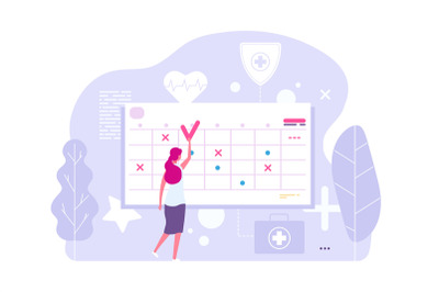 Online doctor appointment. Vector woman and calendar, planning board,