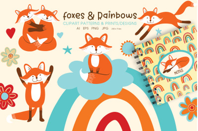Cute Foxes and Rainbows Clipart &amp; Prints - AI EPS PNG