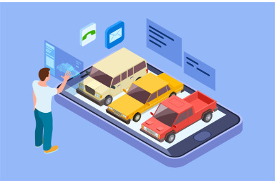 Rent car online. Isometric buy car with online phone app. Man chooses