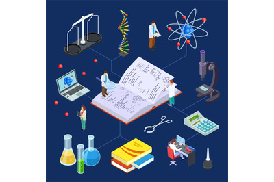 Science laboratory isometric. Vector chemical equipment for experiment