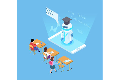 Artificial intelligence in education. Isometric vector robot teacher a