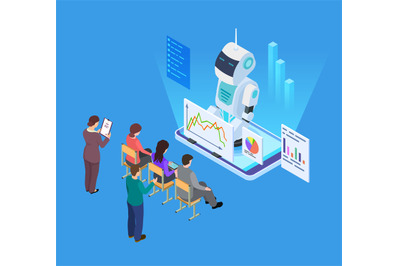 Business training with artificial intelligence. Isometric vector robot