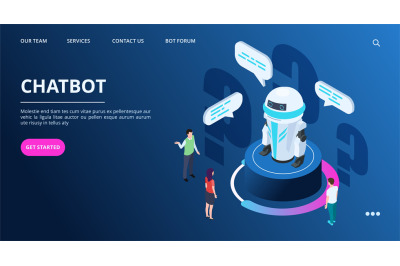 Chatbot landing page. Isometric AI robot with people. Artificial intel