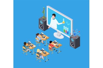 Childrens science experiment. Isometric chemistry lesson for kids. Onl