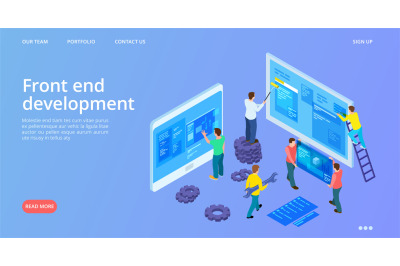 Front end development. Isometric interface development landing page. V