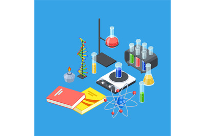 Isometric chemistry equipment. Vector test tubes and beakers, atom and