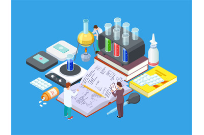 Isometric science lab. Vector medical research concept. Pharmaceutical