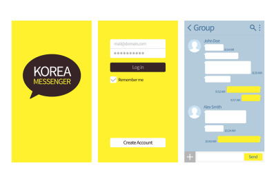 Korean messenger. Kakao talk interface with chat boxes, login and crea