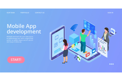 Mobile app development. Isometric interface development vector landing