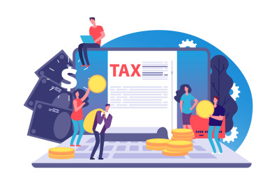 Online tax vector concept. Tax form and tiny people with money on note