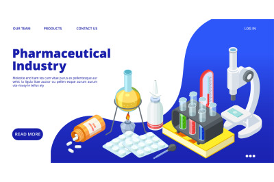 Pharmaceutical industry landing page. Isometric drugs development vect