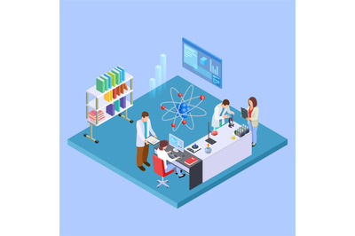 Scientific research laboratory. Isometric chemistry equpment and scien