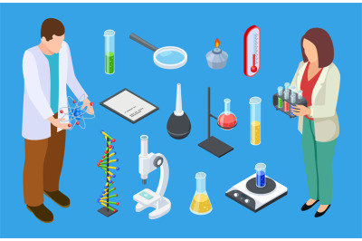 Scientists and experimental equipment. Isometric chemical or medical l