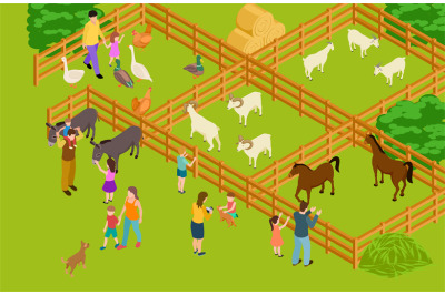 Farm animals zoo. Isometric vector livestock and people characters. Ha