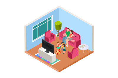 Isometric family time. Vector parents and kids watching TV and playing