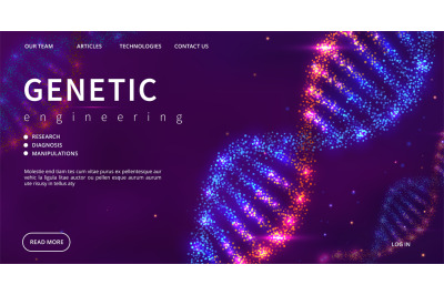 Genetic engineering landing page. Vector shine DNA structure. Medical