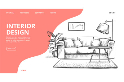 Interior design landing page. Vector sketch of living room. Hand drawn