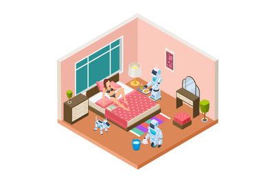 Isometric household robots. Vector robots, modern technologies for hom