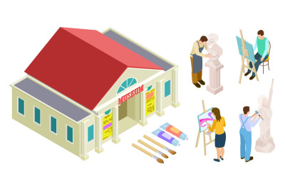 Isometric museum building. Vector art gallery. Artists, sculptors, res